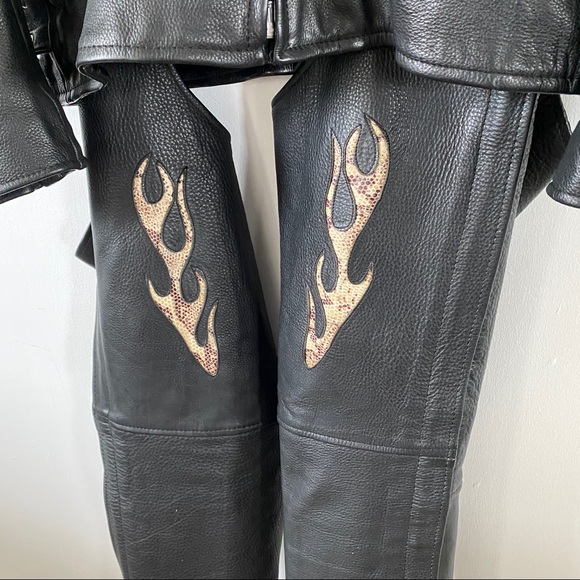 Motorcycle Jacket Chaps Black Leather Flame Snake - Picture 7 of 16